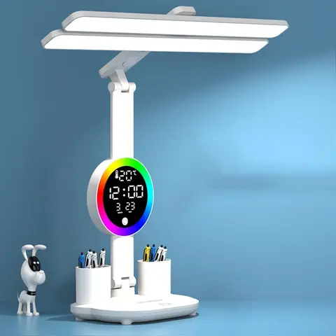 White Led Desk Lamp, Desk Lamp with Usb Charging Port, Dimmable 3 Colorful Lights, Adjustable Folding with Clock Date, Pen & Phone Holder, Temperature, Home Office Bedroom Reading Study Work (White)