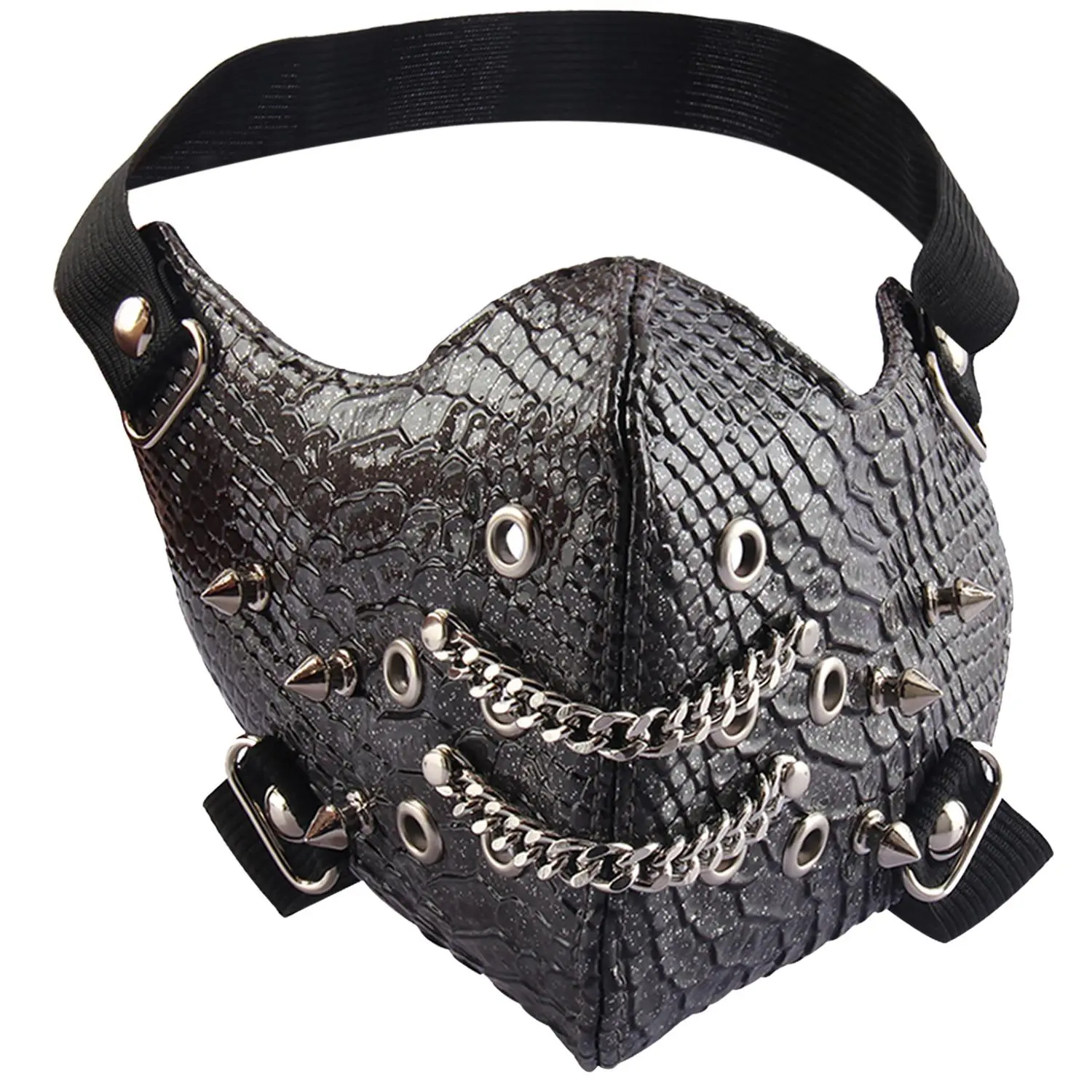 OIDEA Men's Adult Punk Rock Snake-Texture Glossy Synthetic PU Leather Chain Half-Face Mask, 9.4x5.5 in, Breathable Lightweight Adjustable Strap, Dust Protection Biker Accessory, Party Supplies Gift, Festive Accessories
