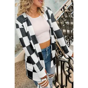 Black Checkered Waffle Knit Thumbhole Open Front Cardigan
