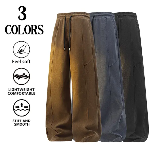 Men’s drawstring elastic-waist wide-leg pants with 3D split seams—lightweight, soft, drapey casual trousers