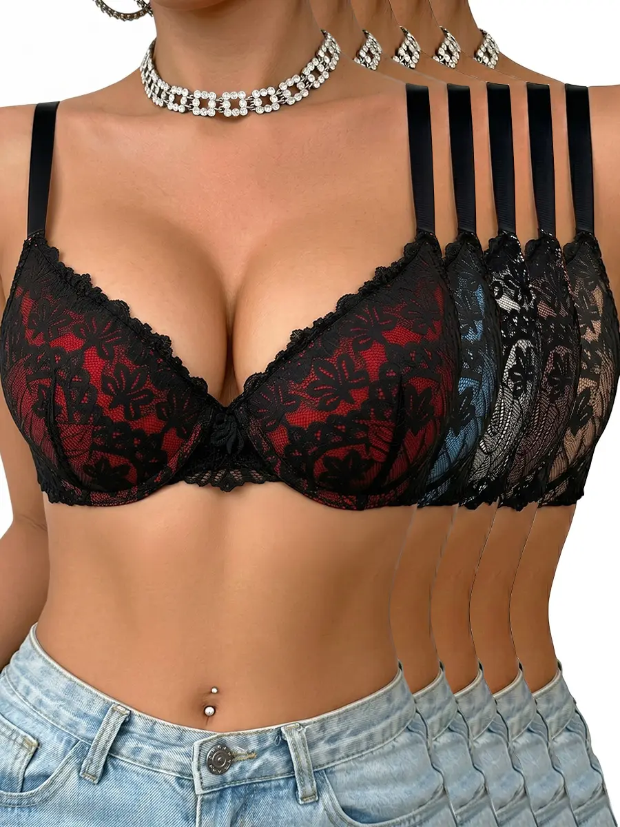 5pcs Stylish And Elegant Lace Bra with Comfortable Fit Everyday Womenswear,Push-Up Bras High Support, Non-Removable Padded Cups, Underwire & Breathable Lace Trim, Solid Color for Women,V-Neck Bras set,Pretty Lacy,Fashion Apparel,Silky