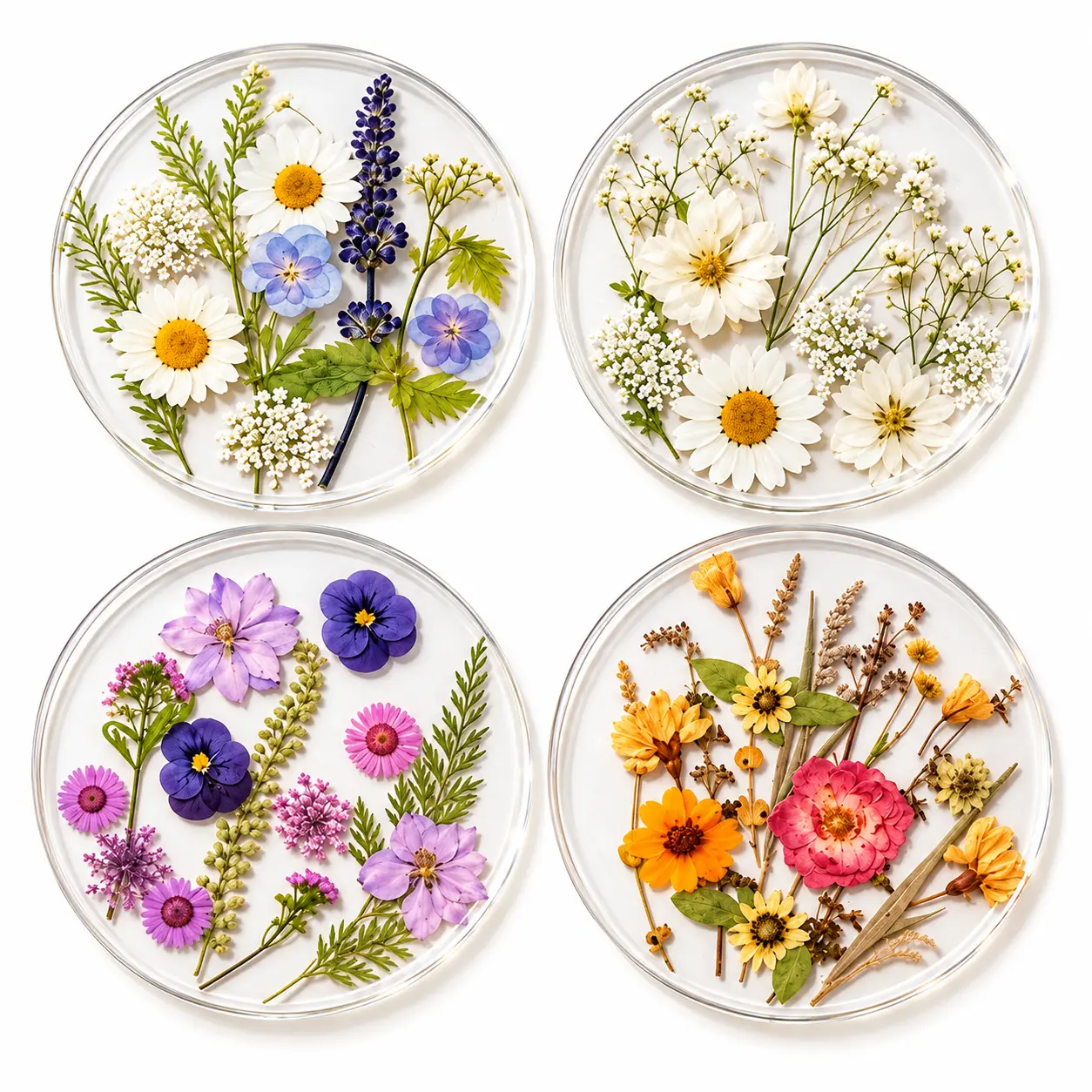 4-Piece Floral Acrylic Coasters, Transparent Botanical Drink Coasters for Coffee, Tea & Home Decor (Coffee Table, Desk Use)