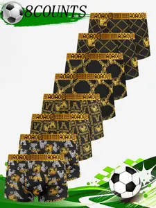 8 pcs black gold printed mid waist flat angle underwear, Stretchy Boxer briefs set, Soft, breathable, elastic sports shorts, Suitable for daily wear and running exercise, Men's four cornered underwear