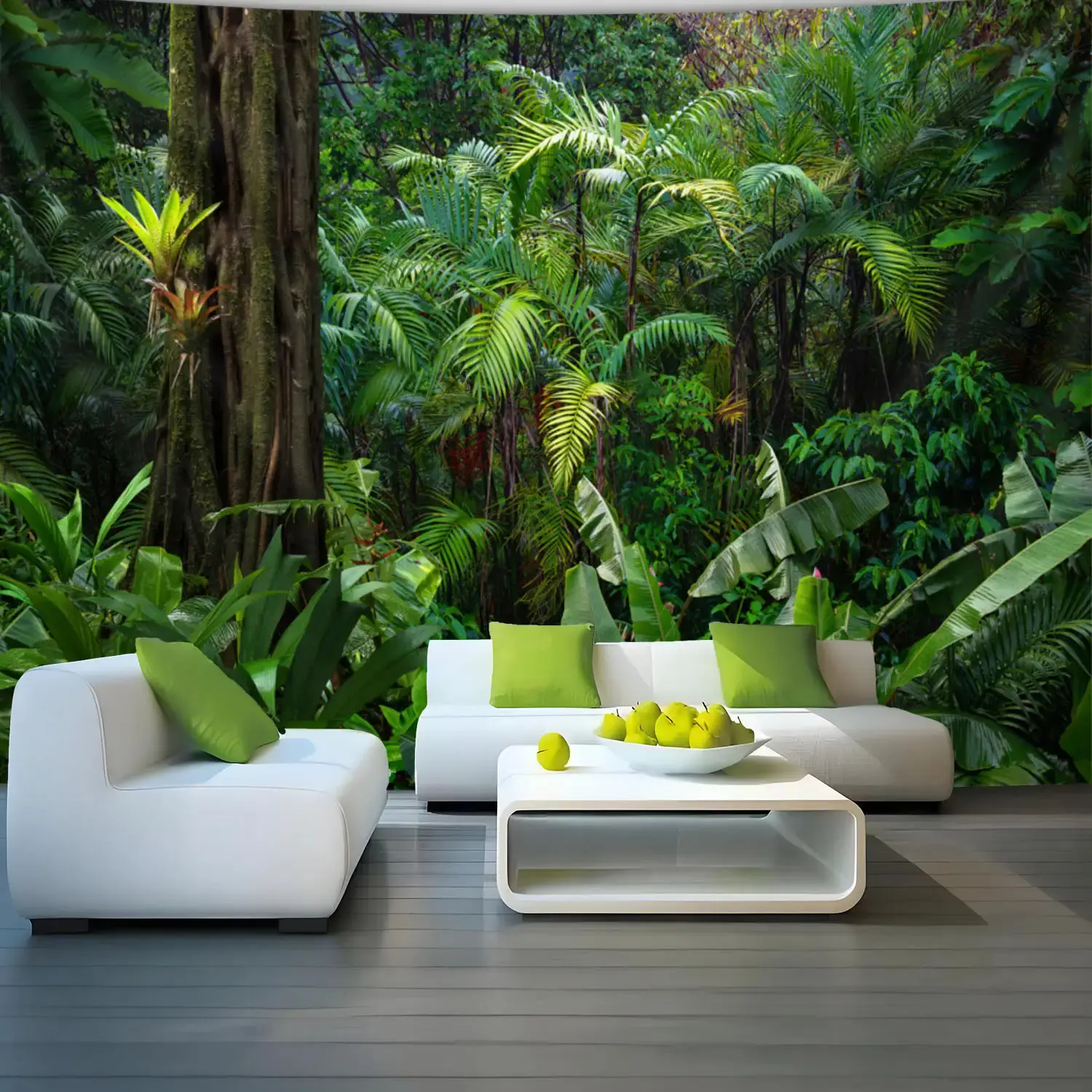 2D Flat, 1pc Extra Large Jungle Wall Tapestry - Tropical Rainforest Jungle Scene with Lush Green Palms - Wrinkle & Fade Resistant Peach Light Beige Fabric - Extra Large Floor-to-Ceiling Wallpaper-like Decor for Living Room, Bedroom, Office, Party - Indoor