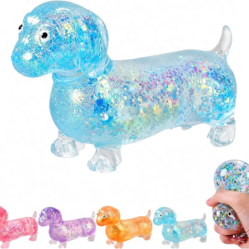 Dachshund Glitter Slow-Rising TPR Stress Ball, Cute Squishies Unisex Soft Sensory Fidget Toy, Sensory Decompression Anxiety Squeeze Desk Toy for Home & Office ASMR Relaxation, Stressball