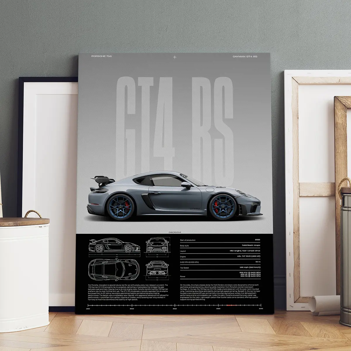 1 Count Wooden Framed Canvas, Canvas Art Wall, Porsche Cayman GT4 RS Performance Analysis Poster, Modern Art, Poster, Home Decor, Gift, High Definition, Waterproof, Artwork, Canvas Prints