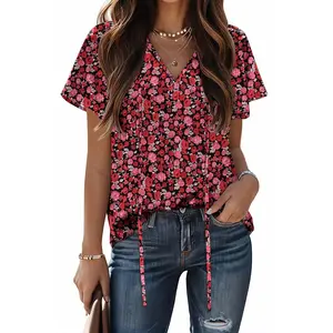 Women's Casual Short Sleeve Shirts Summer Printed V Neck Blouses Drawstring Ruffled Boho T Shirt Flowy Tunic
