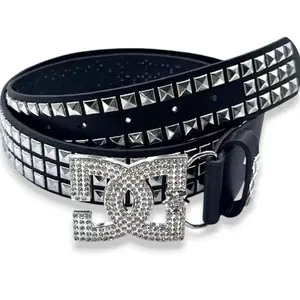 Dynamic Charge-DC Rhinestone Buckle Studded Black Leather Goth Emo Y2K Style Belt