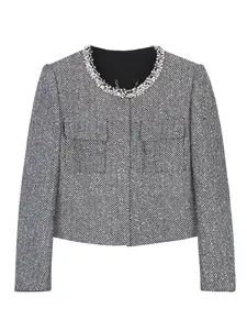 Women's Tweed Jacket, Elegant Herringbone Pattern Long Sleeve Open Front Outerwear, Ladies Clothes for Spring & Fall