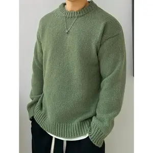 [Winter Sweater] Autumn Winter Solid Color Men's Round Neck Drop Shoulder Sweater | Loose Knit Pullover for Casual Wear