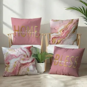 4pcs Simple Home Pink Marble Pattern Cushion Cover Set, Single-Sided Printed Peach Velvet Material, 45*45/50*50/40*40CM Pillow Case For Modern Fabric Sofa Indoor Decor, Party Decoration, Gift, Home Textile