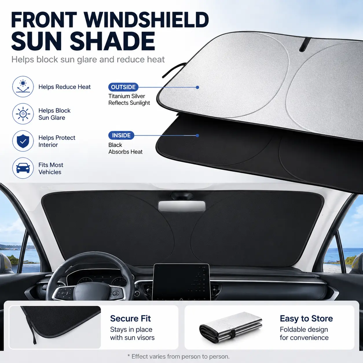 Universal Front Windshield Sun Shade for Cars, Foldable Car Windshield Sunshade Cover, Titanium Silver Reflective Heat Shield with Black Interior Layer, UV & Sun Glare Protection for SUV Sedan Truck,heat reflective shade,summer essential block