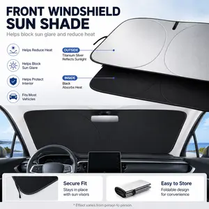 Universal Front Windshield Sun Shade for Cars, Foldable Car Windshield Sunshade Cover, Titanium Silver Reflective Heat Shield with Black Interior Layer, UV & Sun Glare Protection for SUV Sedan Truck,heat reflective shade,summer essential block