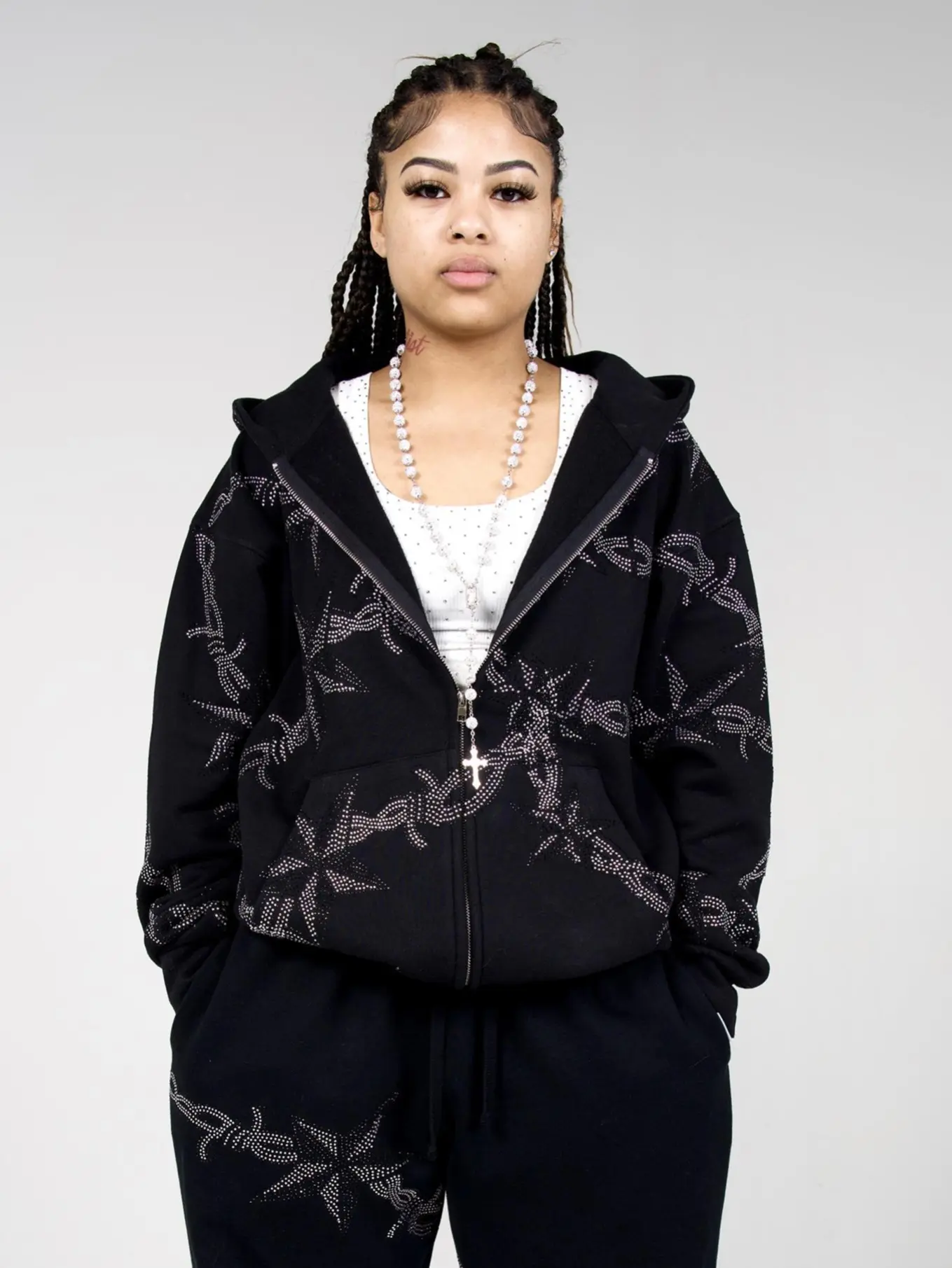 Barbed Wire Rhinestone Zip-Up Hoodie – Heavyweight 400 GSM Streetwear Hoodie