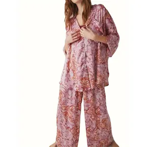 Womens Y2k Pajama Sets Floral Print Long Sleeve Button Down Shirts Wide Leg Pants 2 count Lounge Sets