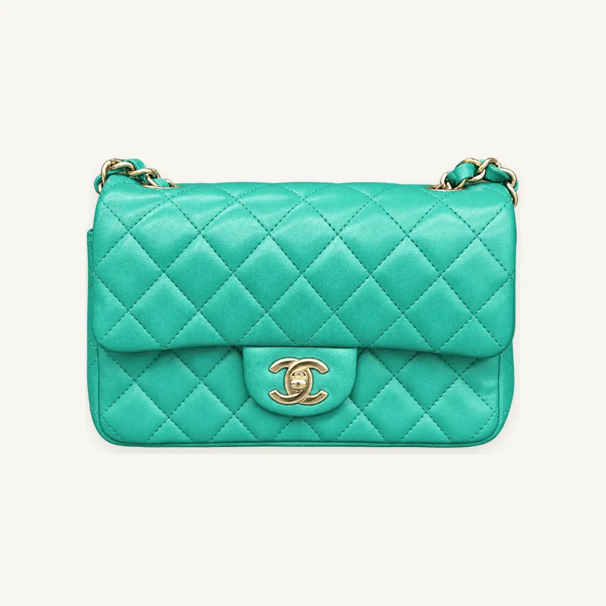 Pre-owned Chanel Mini Rectangular Classic Flap Bag in Green Lambskin with Gold Tone Hardware 18 Series with Authenticity Card WS433