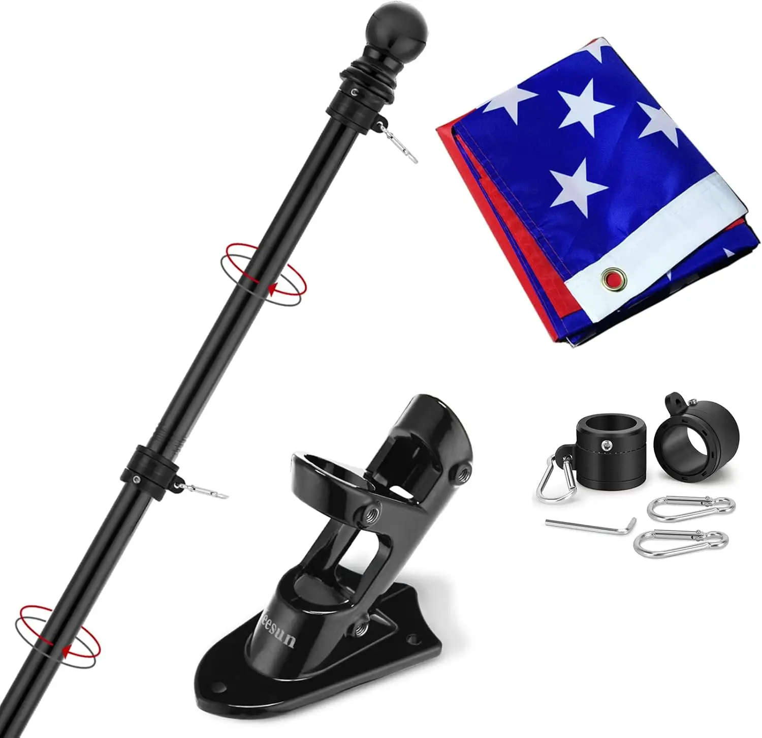 Yeesun Flag Pole for House with 3x5 American Flag, 6 FT Wall Mount Flag Pole with Bracket for Home Porch,Outdoor Deco Garden Accessories Tangle Free,T