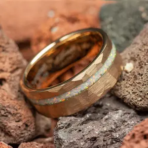 White Fire Opal Hammered Men's Rose Gold Tungsten Ring - 8mm