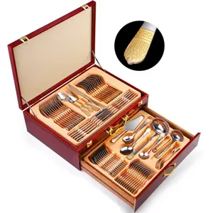 Luxury Quality 72 Pcs Silver Gold Plated Stainless Steel Cutlery Set in Wooden Case for Home and Restaurant