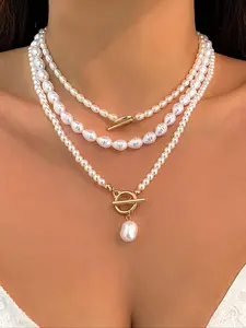 Women's Vintage Geometric Figure Pendant Necklace Set, Layered Necklaces, Irregular Pearl Beaded Chain Jewelry, Fashionable Party Style Accessory