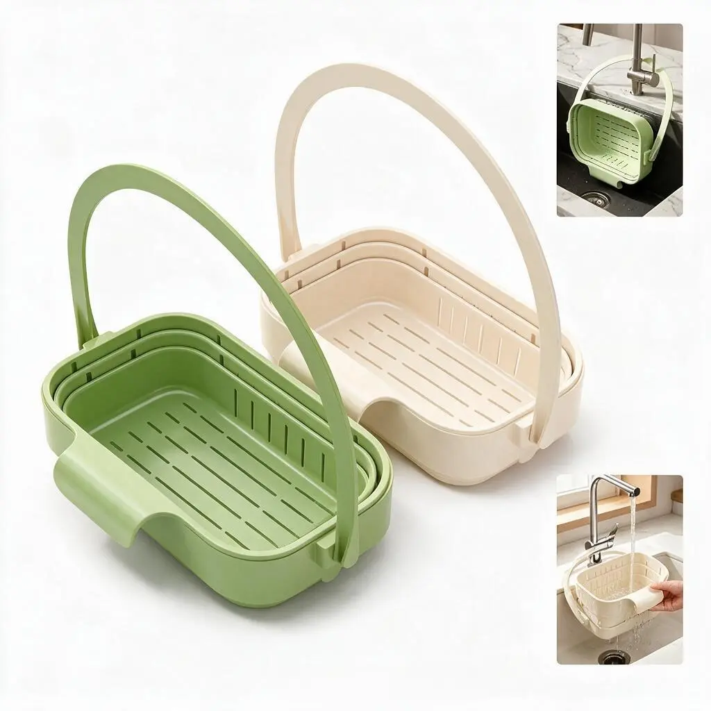 AreaMap Hanging Sink Drain Basket - Compact Folding, Expandable Handle Home Organizer with Flip Cover, Stretchable Colander for Fruits, Vegetables, Utensils (Ideal for Closet/Bathroom)