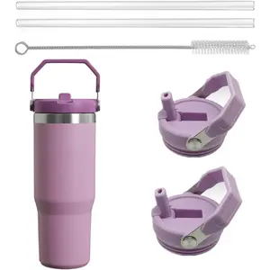 2Pack Replacement Tumbler Lid Fit for Stanley IceFlow 30 oz(Only) Flip Straw Lid, with 2Pcs Reusable Straws,1Pcs Cleaning Brush (Purple)
