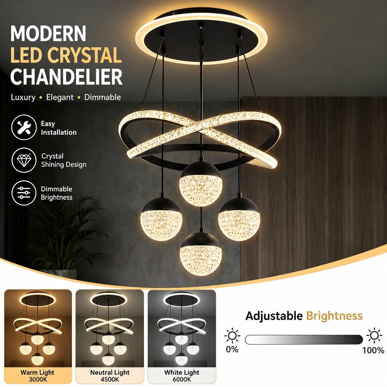 Modern Crystal Finish Dimmable LED Crystal Chandelier - 3-Color Adjustable Height Ceiling Lamp with Brightness Control, Metal Frame, Acrylic & Quartz Accents for Indoor Dining Room, Living Room Use