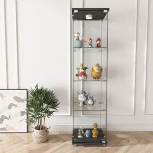 Modern Glass Display Cabinet with LED lights, Quick-assembly Antique Cabinet, Tempered Glass Bookshelf, Suitable for Living Room and Bedrooms, 1-door 4-shelf