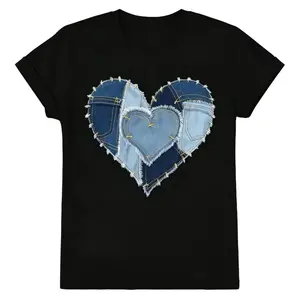 Women's Casual T-Shirt - Heart Denim Print Design, Short Sleeves, Crew Neck, Machine  - Perfect for All Seasons