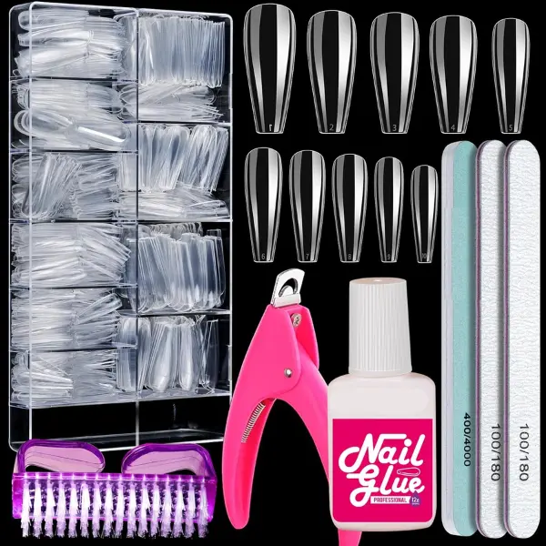 Clear Coffin Nail Tips Kit 600 PCS Long Full Cover Acrylic Press On Nails with Glue Clipper File & Buffer Block Clear Fake Nails for DIY Nail Extensions Salon & Home Manicure
