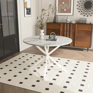 【GOOGREAT】42.13'' Modern Cross Leg Round Dining Table, White Marble Top Occasional Table, Two Piece Removable Top, Matte Finish Iron Legs