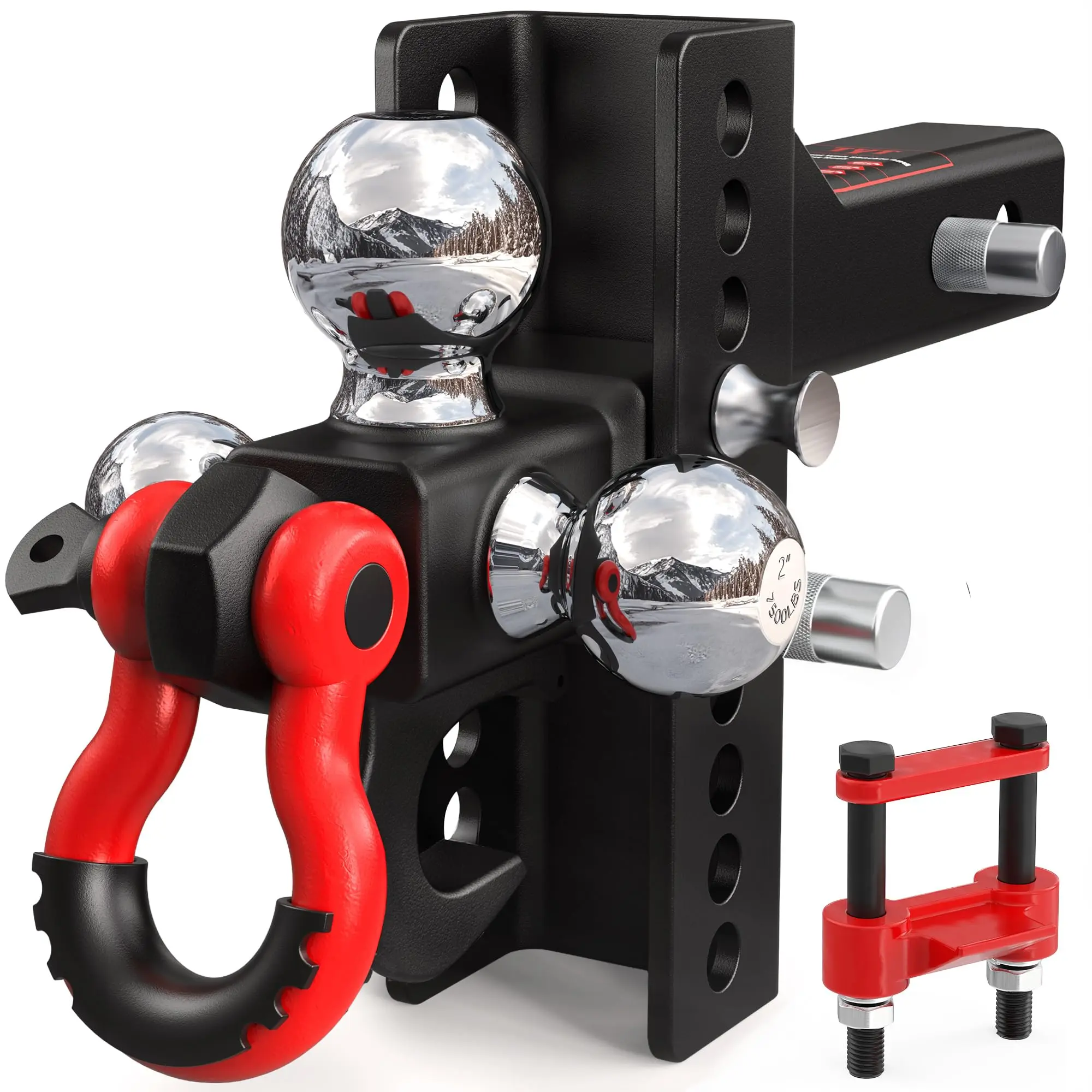 (AGAL) TYT Adjustable Heavy-Duty Trailer Hitch Tri-Ball Mount with Locks & Pin & Rotatable Tow Shackle, Anti-Theft Locking System, Fits 2-Inch Receiver, 4-1/2" Rise/Drop, 1-7/8" & 2" & 2-5/16" Ball, 10000LBS GTW, Heavy Duty Truck RV ATV Tow Hitch