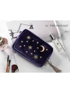 Large Capacity Makeup Bag with Star Moon Elements, Rose Gold Decor, Velvet Travel Organizer, Inner Pockets, Best Gift for Friends Mothers Day, Makeup Storage Bag