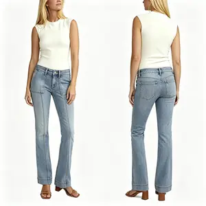Women's Mid Rise Light Wash Flare Bootcut Jeans, Double Front Pocket Contrast Stitch Seam Detail Slim Fit Casual Retro Streetwear Denim Pants