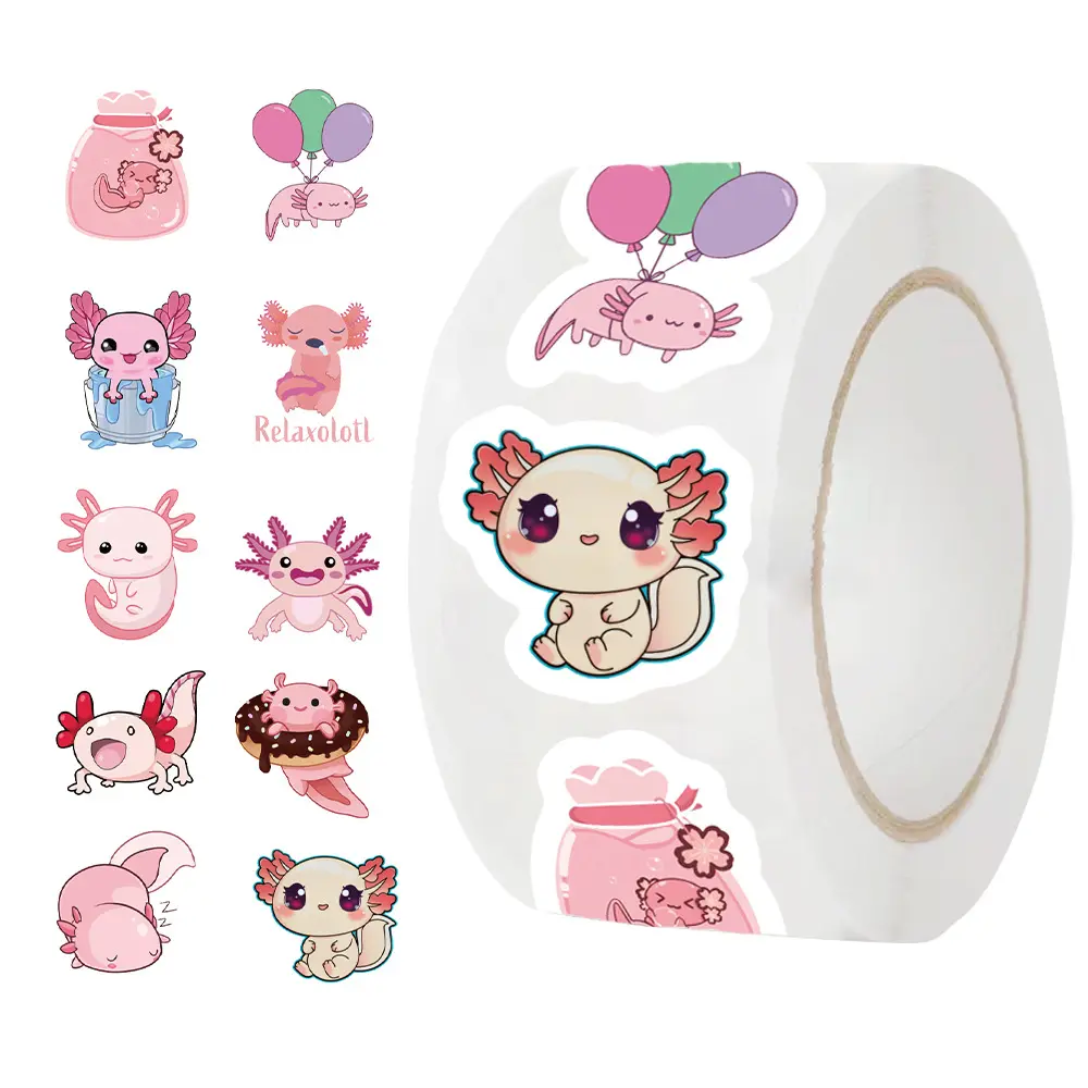 500 Sheets Axolotl Cartoon Stickers, Mood Calming Stickers, Cute Decorative Paper Material, Handmade Journal Supplies, Envelope Sealing Decals
