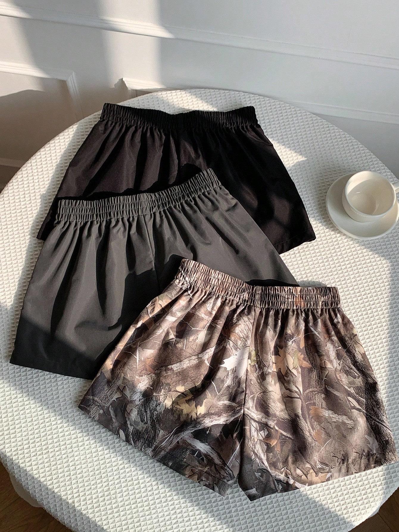 Women's Summer 3-Piece Set Of Solid Color And Branch Print Shorts, Suitable For Daily Wear, Simple And Versatile,Comfy Shorts