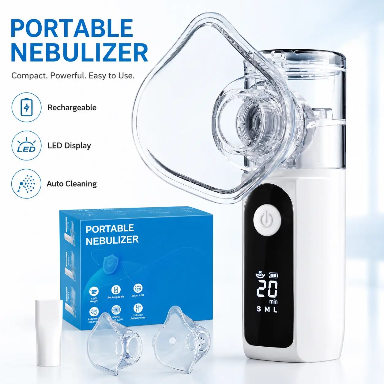 Portable Nebulizer Machine (Hw01 Model) - Digital Display, 3 Mist Modes, 3 Speed Adjustments, Self-Clean Function, Cordless, Lightweight Compact Travel Size for Home & Office Daily Personal Care