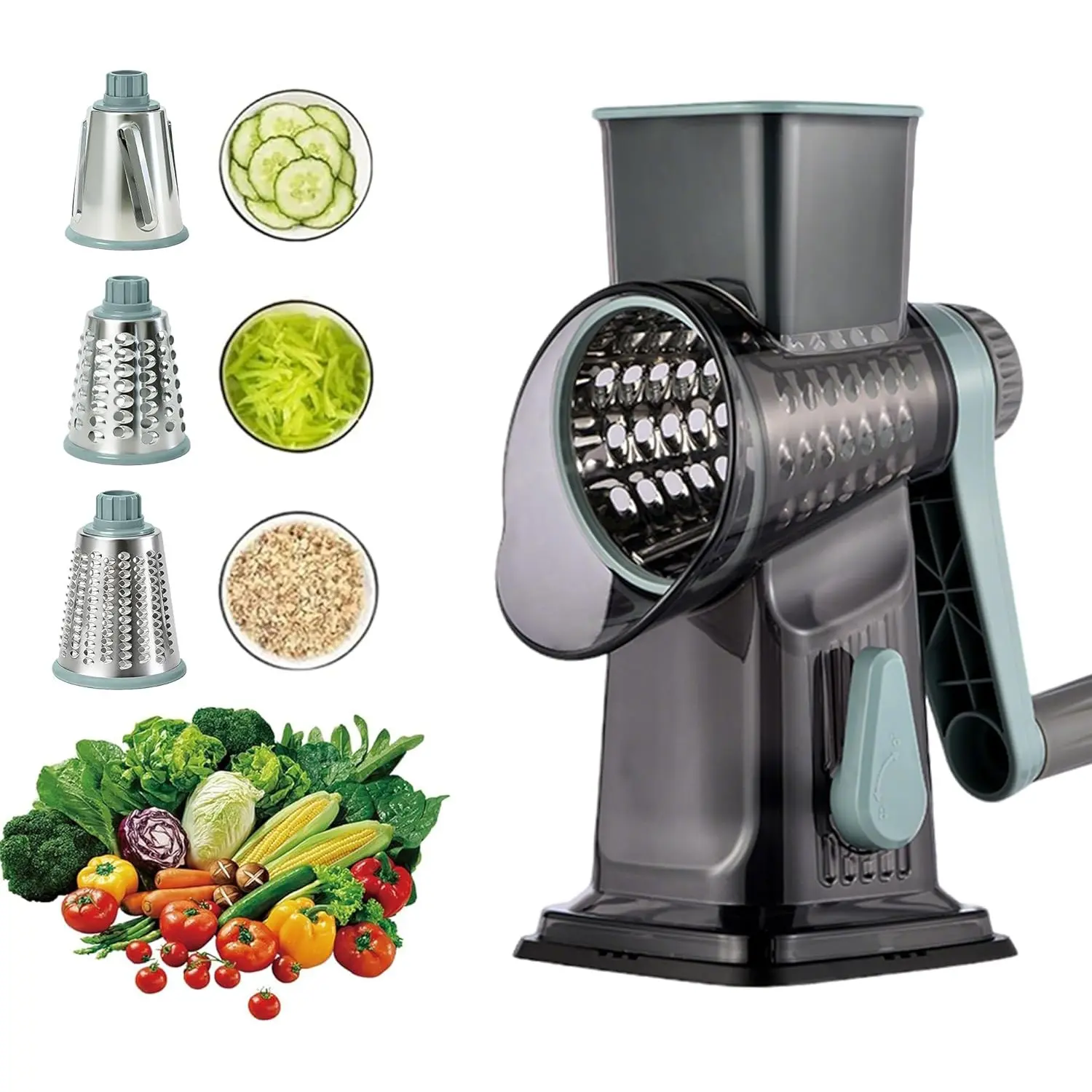 New Rotary Cheese Cutting Grater Hand Crank Transparent - Shredder Slicer Grinder 3 Stainless Steel Blades, Stable Suction, Labor-Saving Handle, Safe Kitchen Tool for Cheese, Vegetable, Nuts, Chocolate Utensils