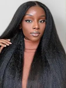 Yaki Straight Wig 28 Inch, Synthetic Hair Wig, Pre Plucked Wig, Out Wig Wear and Go, Kinky Straight Middle Part Wig, Layered Ends, Natural Looking, Perfect for Everyday Use