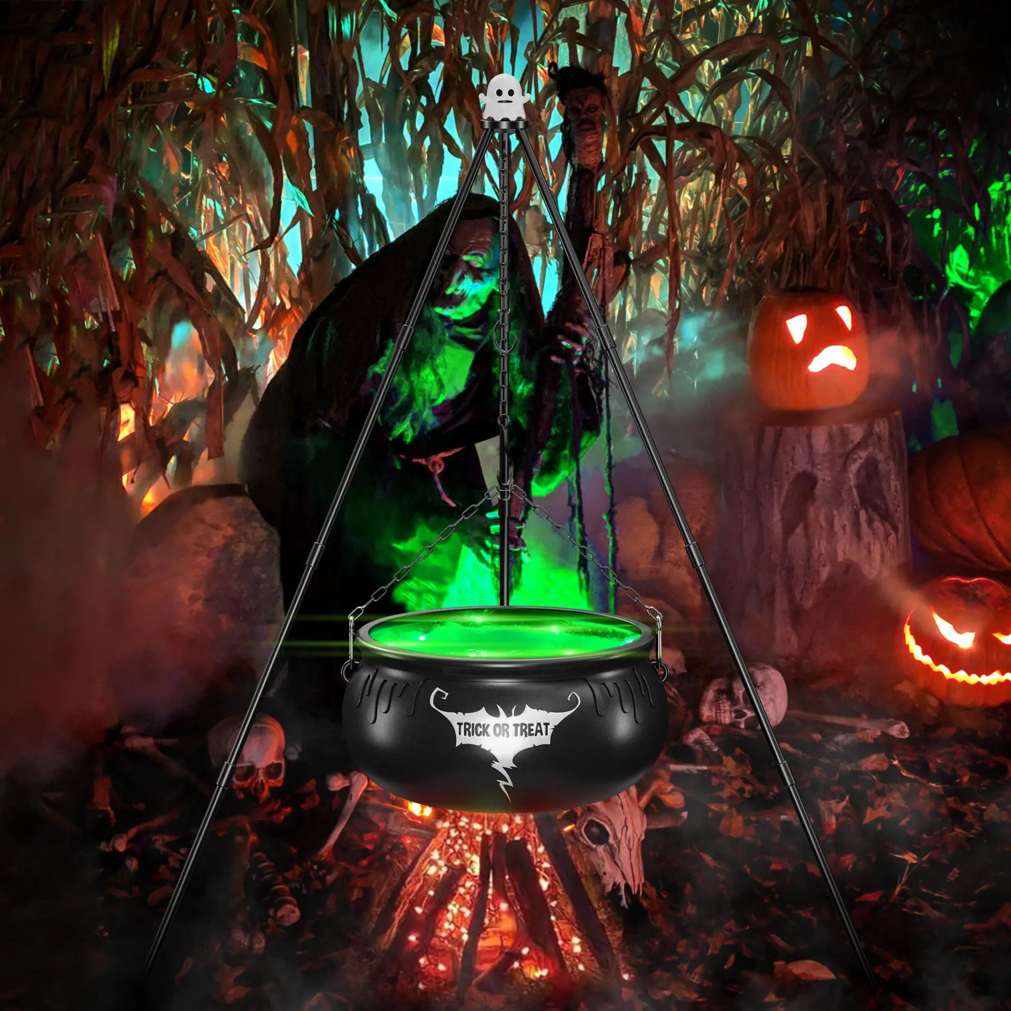 Large Witches Cauldron Party Decor with String Lights, Black Witch Cauldron on Tripod,for Porch Yard Patio Outdoor Ornaments,Gifts
