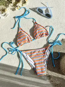 Adjustable Strap Elegant Sexy Party Two-Piece Bikini Set, Summer Beach Fashion Women's Bikini V-Neck Striped Colorful Tie, Striped Bikini Sets, Beachwear Swimsuit