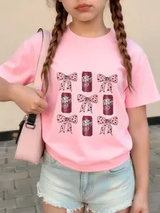 Girls' Outdoor Casual Round Neck Short Sleeve Top, Bottom Dr Pepper Soda Can Print, Leopard Bowknot Pattern, Comfortable Fit, Graphic Shirt