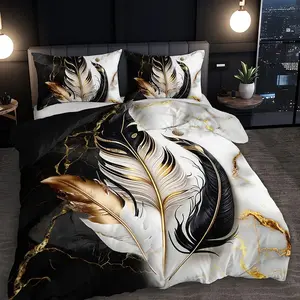 3-piece set of light luxury marble patterned feather digital printed bedding made of polyester material, including 1 duvet cover and 2 pillowcases (unfilled), is the preferred bedding for bedrooms, dormitories, and famous guests