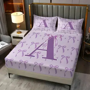 3Pcs Light Purple 26 Initial Digital Print Fitted Sheet Set, Stylish Monogram Bedding Set with Unique Patterns, Soft and Durable Microfiber for Cozy Bedroom Decor, Perfect Gift for Home Makeover, Includes 2 Pillowcases, No Pillow Core