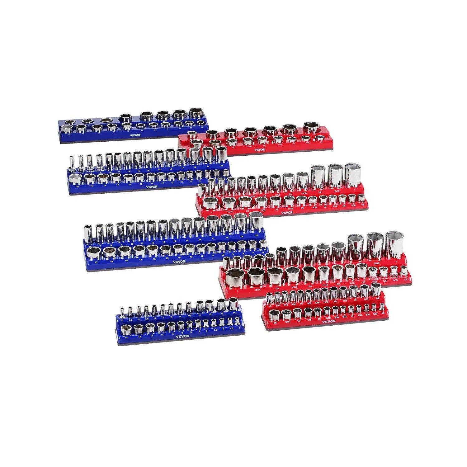 【toolupgrade】VEVOR 8PCS Socket Organizer Set, Blue & Red Metric/Imperial Trays, Magnetic Tool Holder with Non-Magnetic Option, Organizing Tools