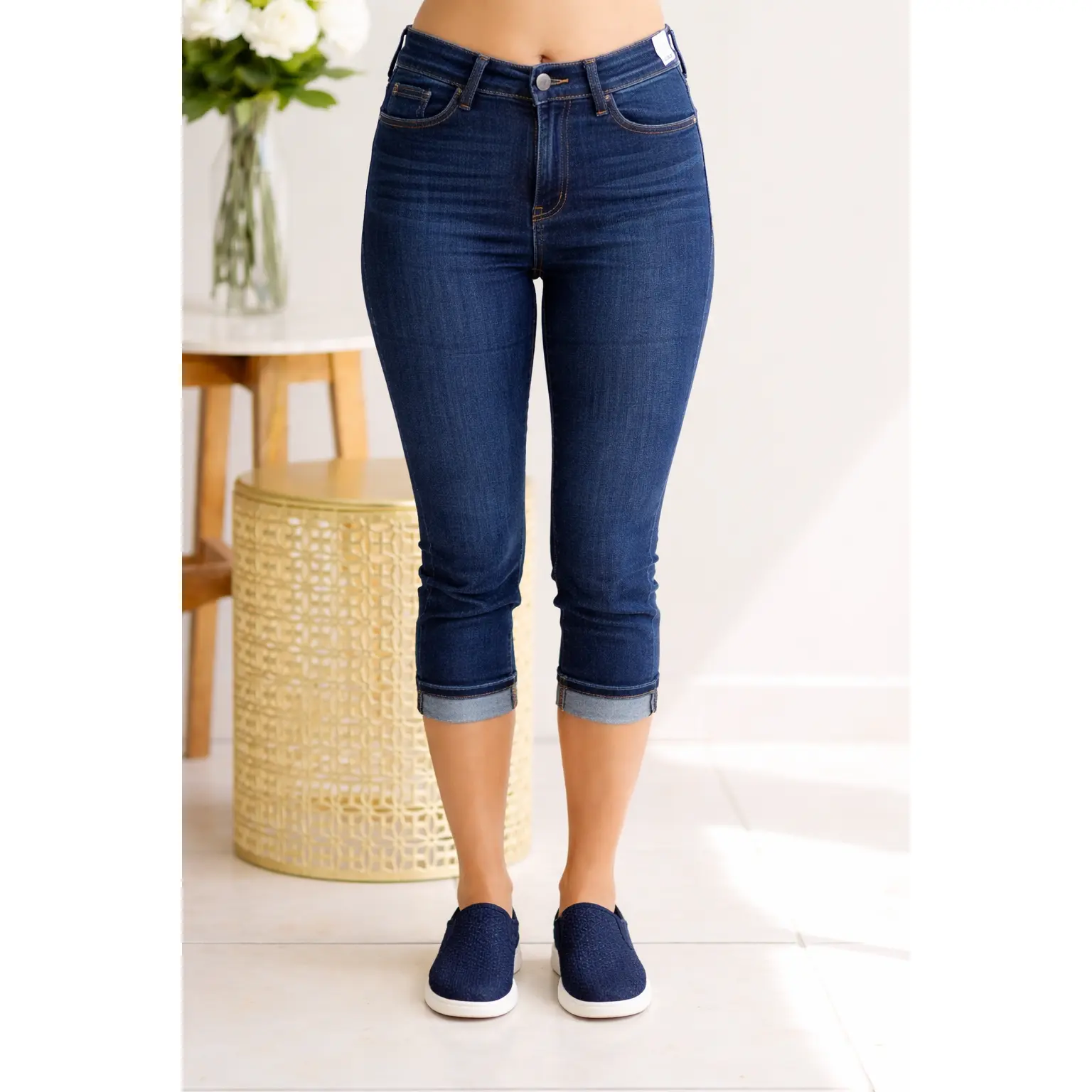Judy Blue High Waist Dark Denim Capri with Cuff Jeans 72123, Stretchy Cotton Comfort Womenswear Casual Cropped Bottom