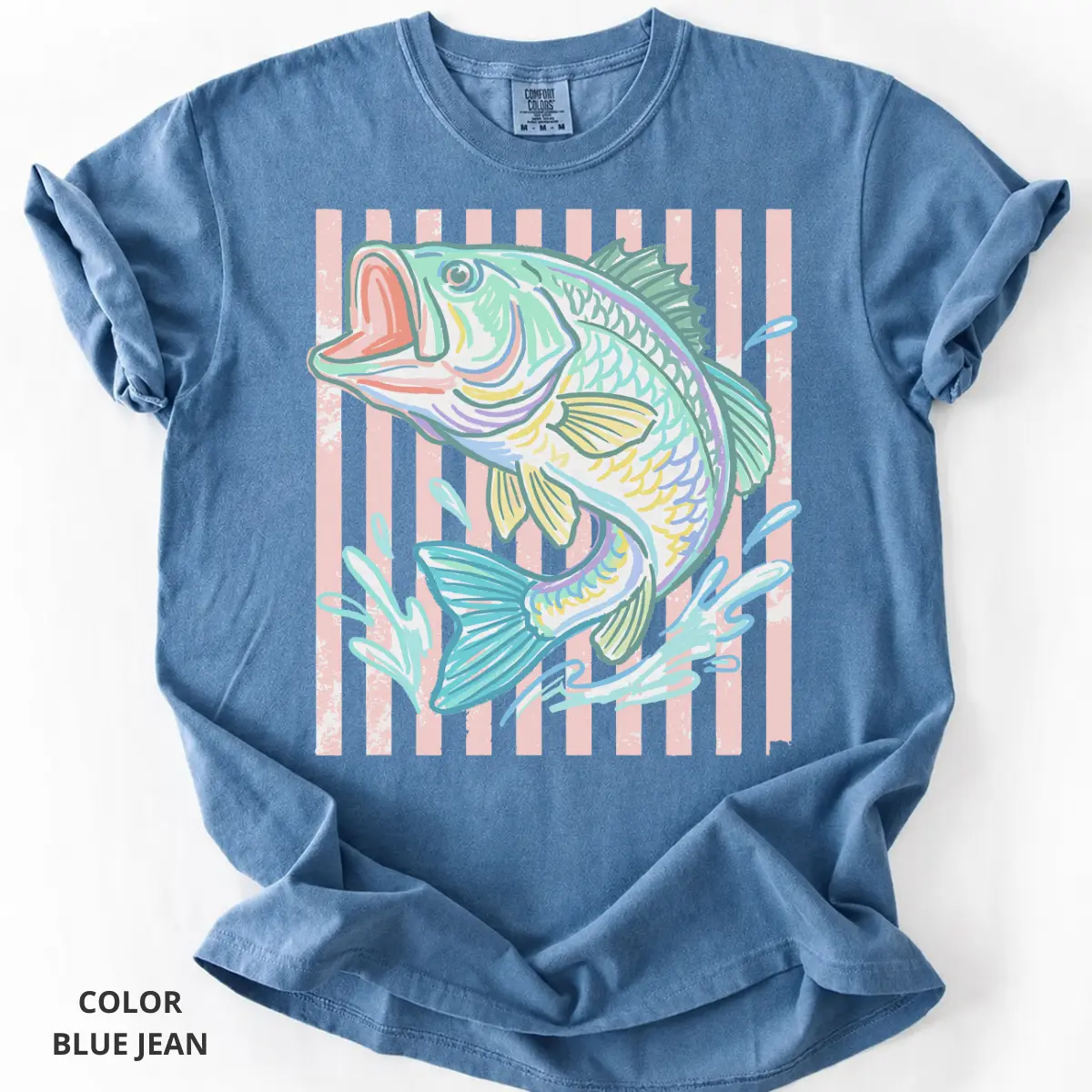 Comfort Colors Retro Bass Fish TShirt, Pastel Fishing Graphic Tee, Preppy Coastal Lake Aesthetic T-Shirt, Summer Fishing Outfit, Largemouth Bass Gift