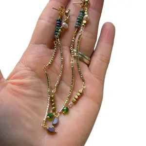 Two Delicate Gold Strands Earrings with Front & Back Draping Design Sparkling Beads for Every Movement