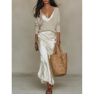Chic Satin Slip Dress & Knit Top 2-Piece Set Smart Casual Spring Co-ord Work & Weekend Outfit Soft Luxurious Textures Flattering Fit for Every Shape - Womenswear