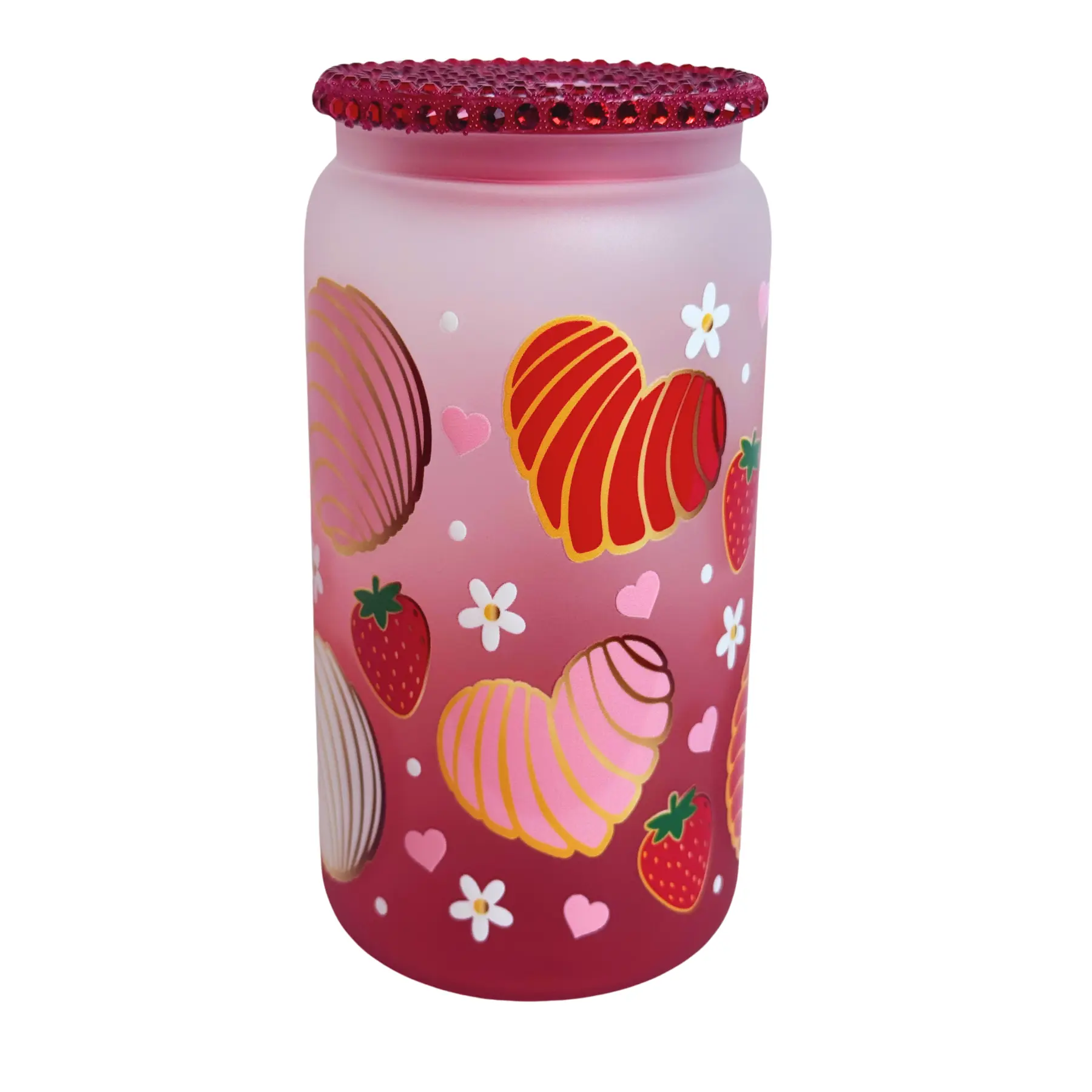 16 oz Frosted Glass Tumbler with Strawberry & Heart Design – Cute Aesthetic Drink Cup
